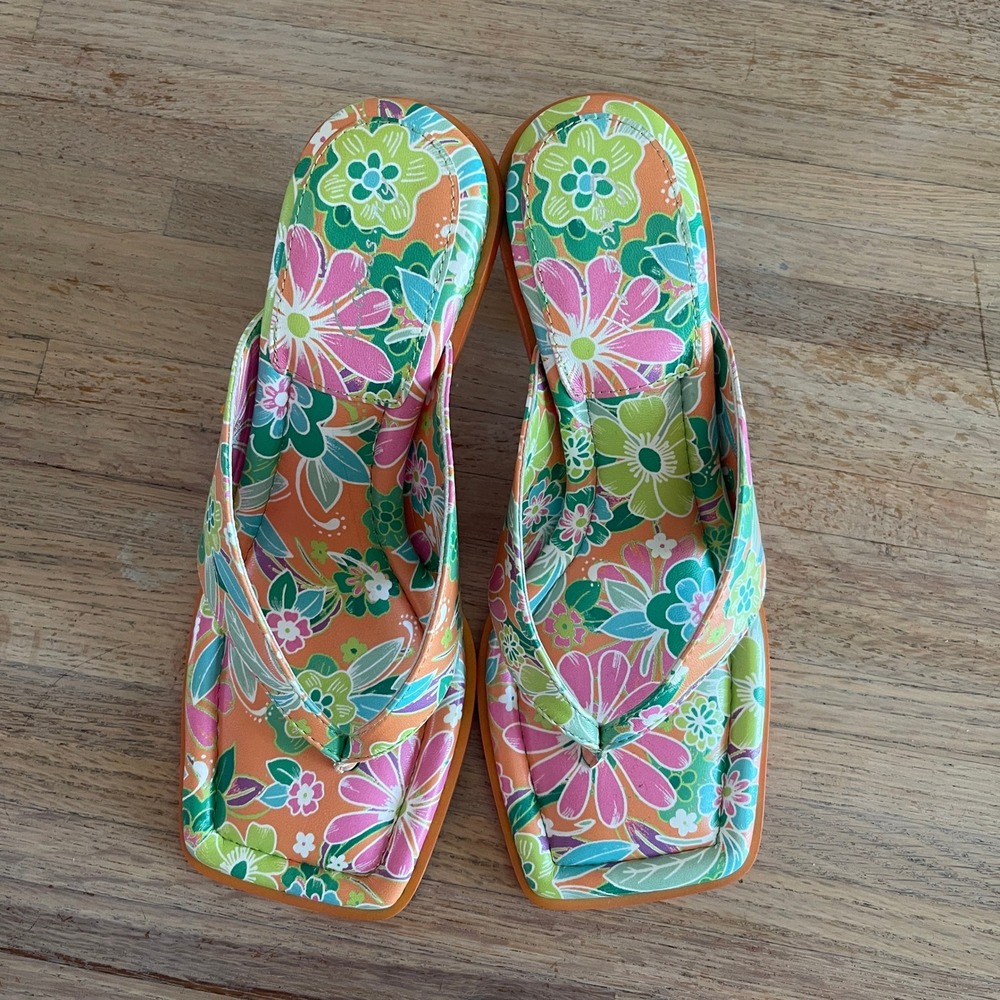Circus by Sam Edelman Floral Thong Sandals Orange Square Toe Spool Heel Size 7 - Picture 2 of 6